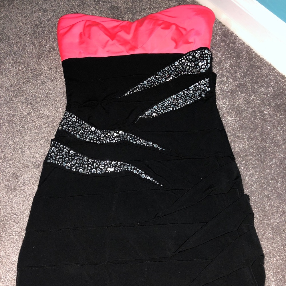 Deb neon coral and black dress with rhinestones